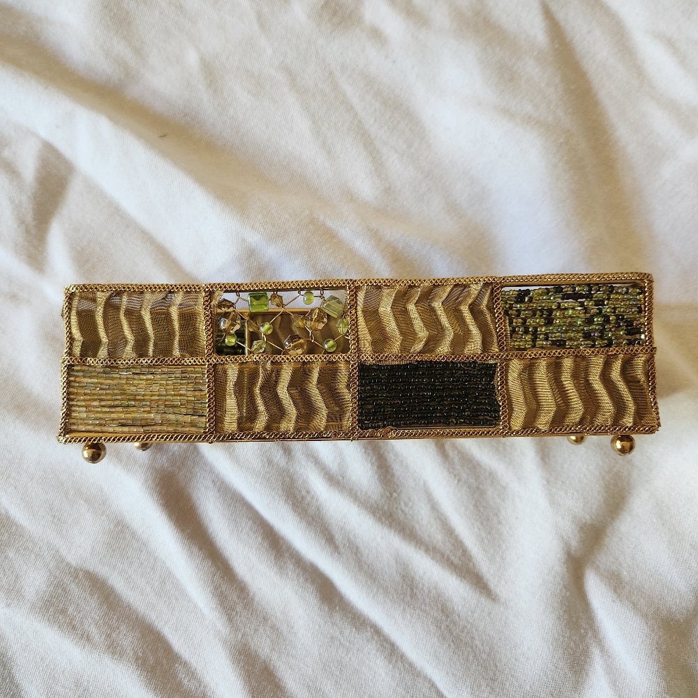 Vintage Beaded Gold Trinket Tray Jewelry Organizer Decorative Vanity